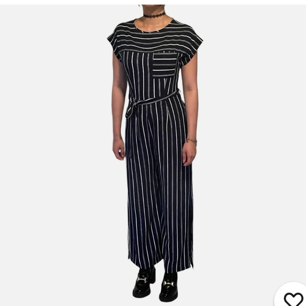 Monteau Women's Blue and White Striped Maxi Jumpsuit, Size Small